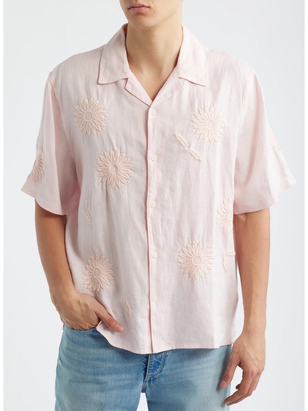 Wax London Pink Embroidered 100% Linen Camp Collar Shirt S